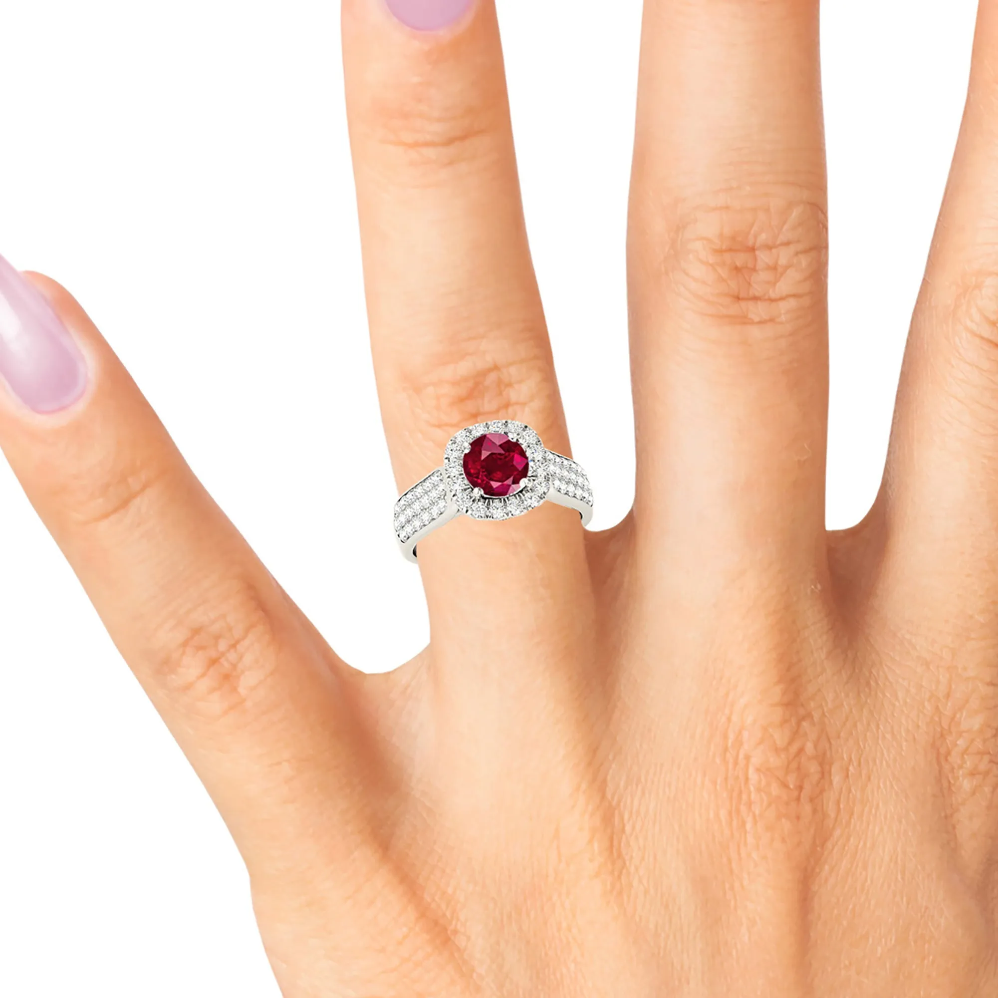 1.35 ct. Genuine Ruby Ring With Halo And Triple Row Diamond Band