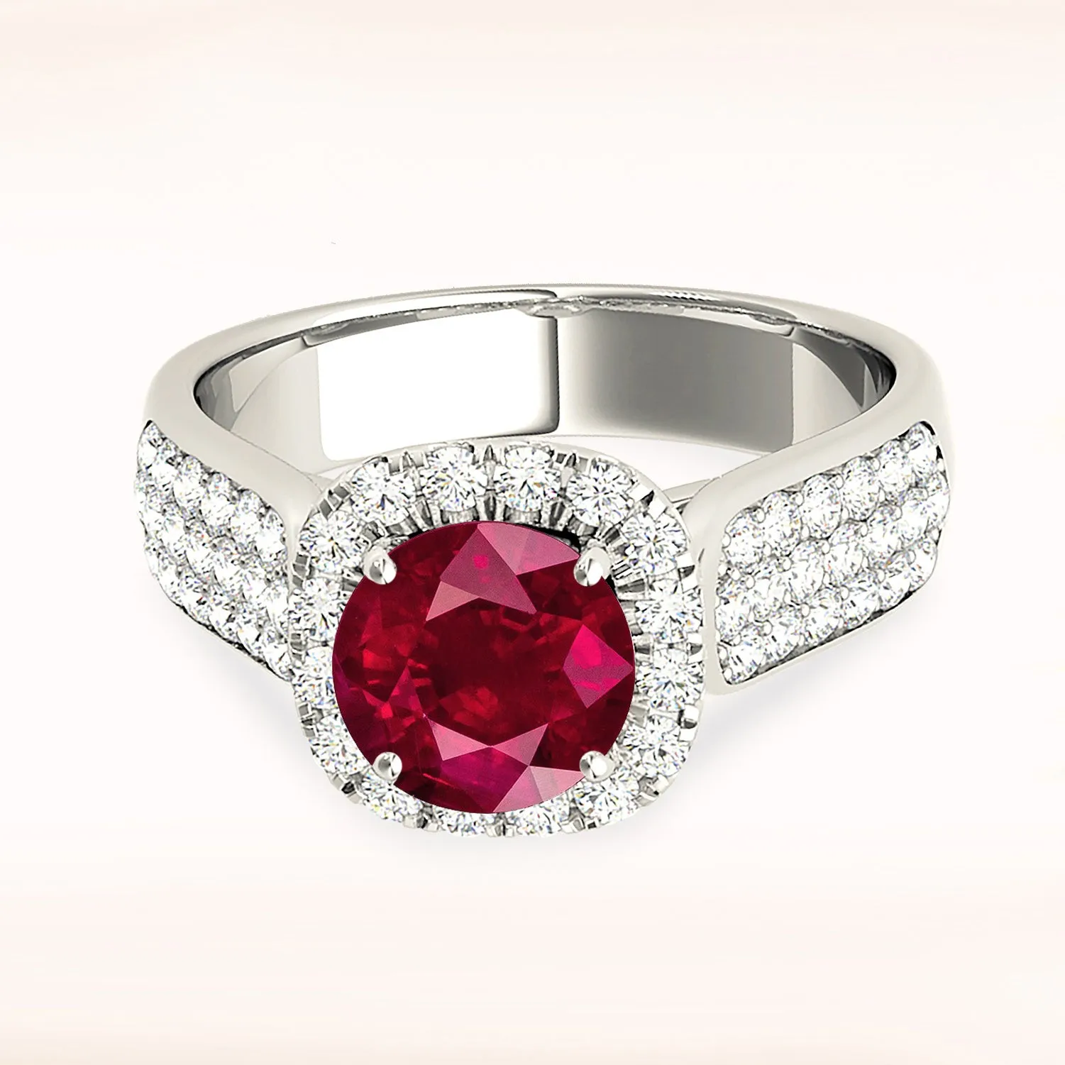 1.35 ct. Genuine Ruby Ring With Halo And Triple Row Diamond Band