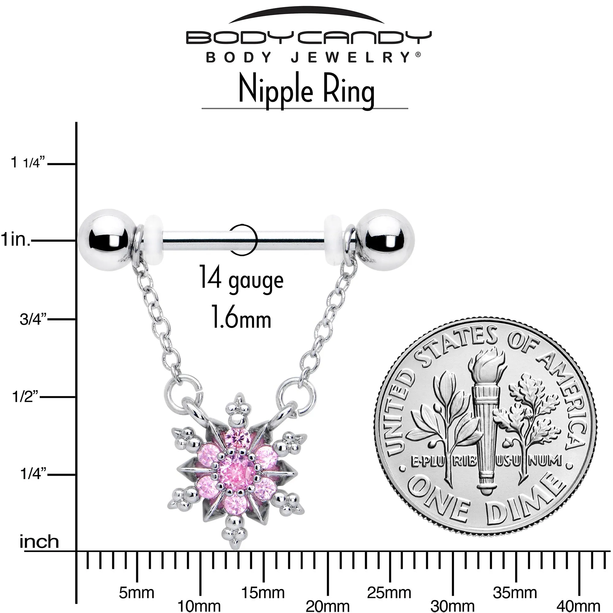 14 Gauge 9/16 Pink CZ Gem Glam Snowflake Chain Dangle Nipple Ring Set