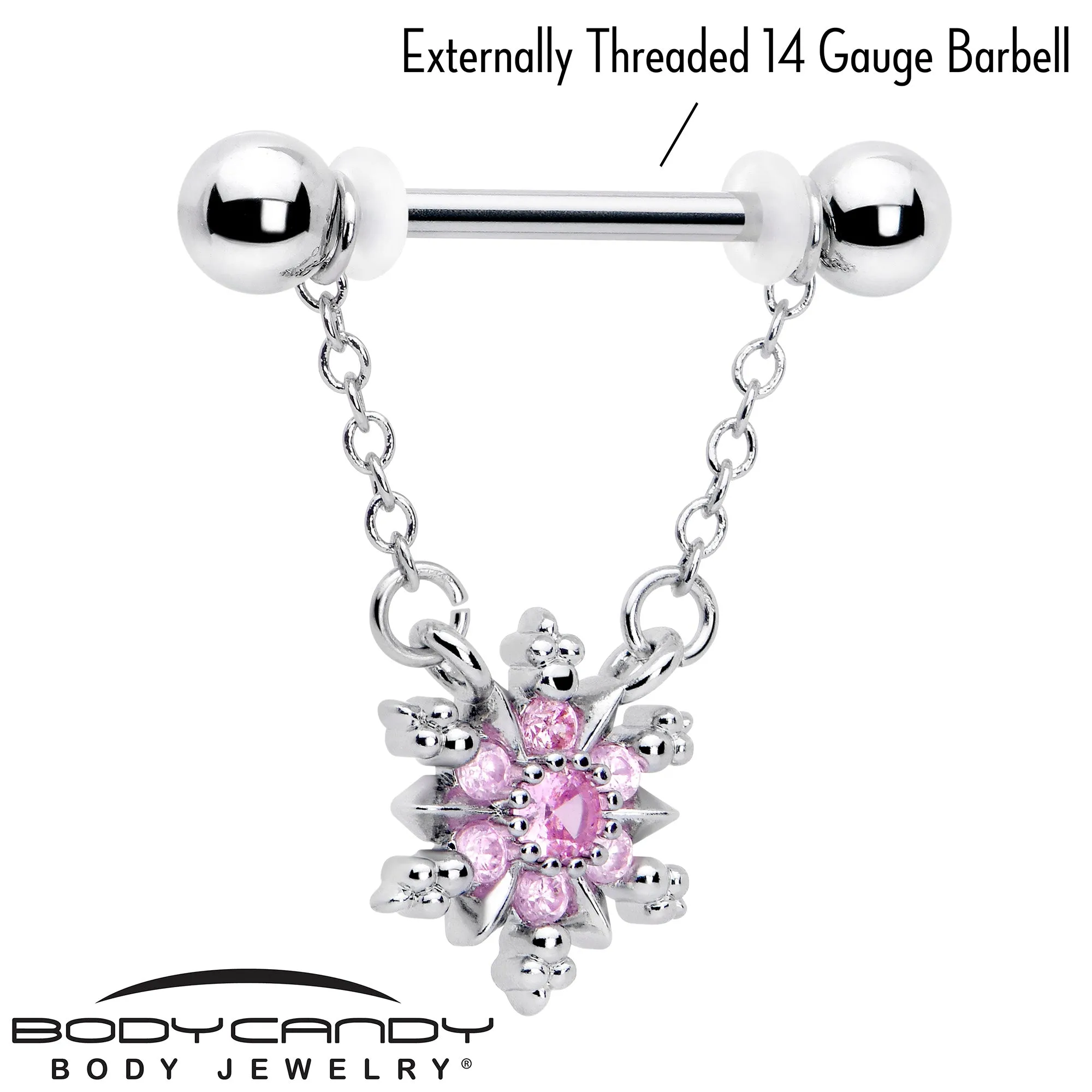 14 Gauge 9/16 Pink CZ Gem Glam Snowflake Chain Dangle Nipple Ring Set
