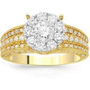 14K Solid Yellow Gold Womens Diamond Cocktail Ring 1.95 Ctw