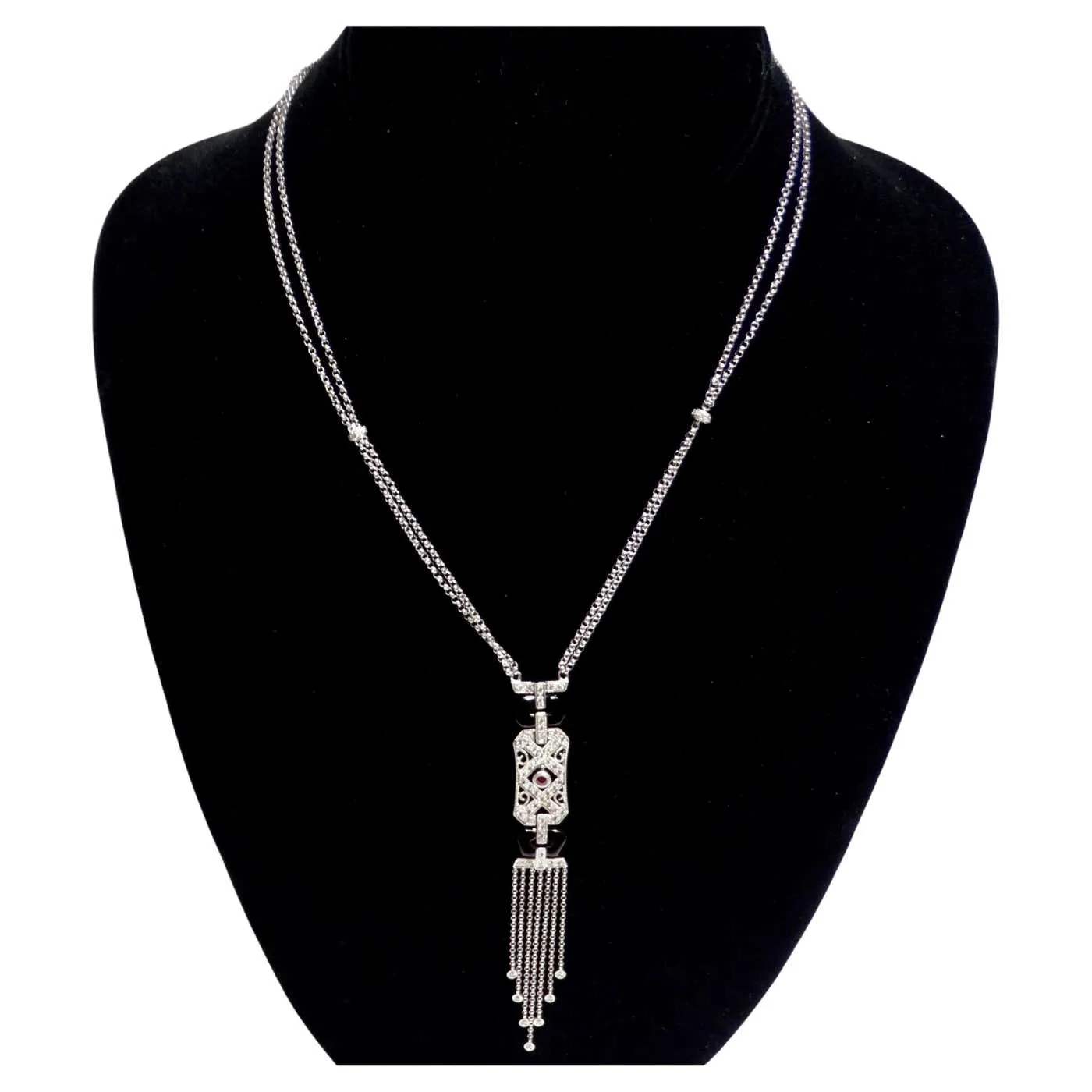 14K White Gold Diamond, Ruby, and Onyx Necklace