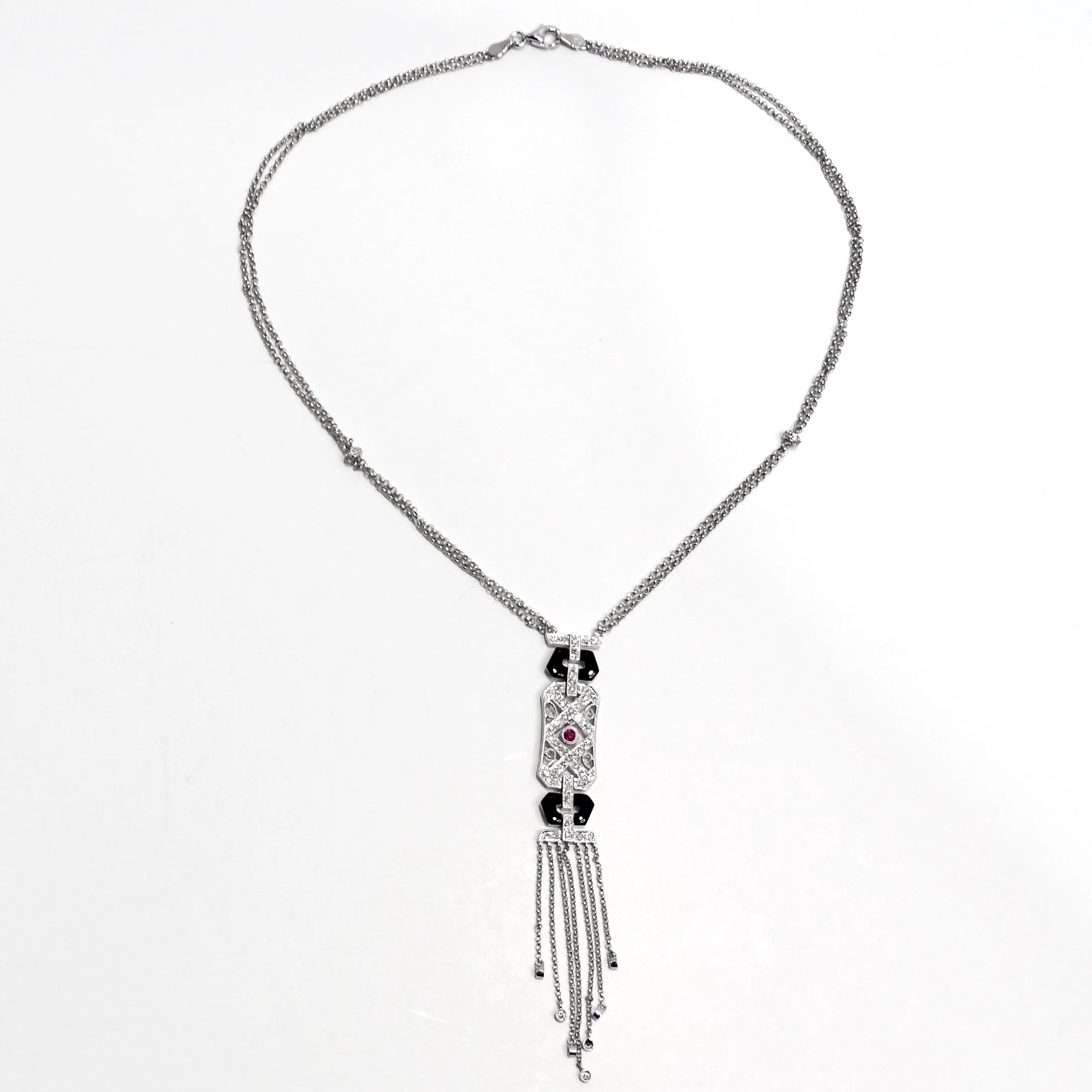 14K White Gold Diamond, Ruby, and Onyx Necklace