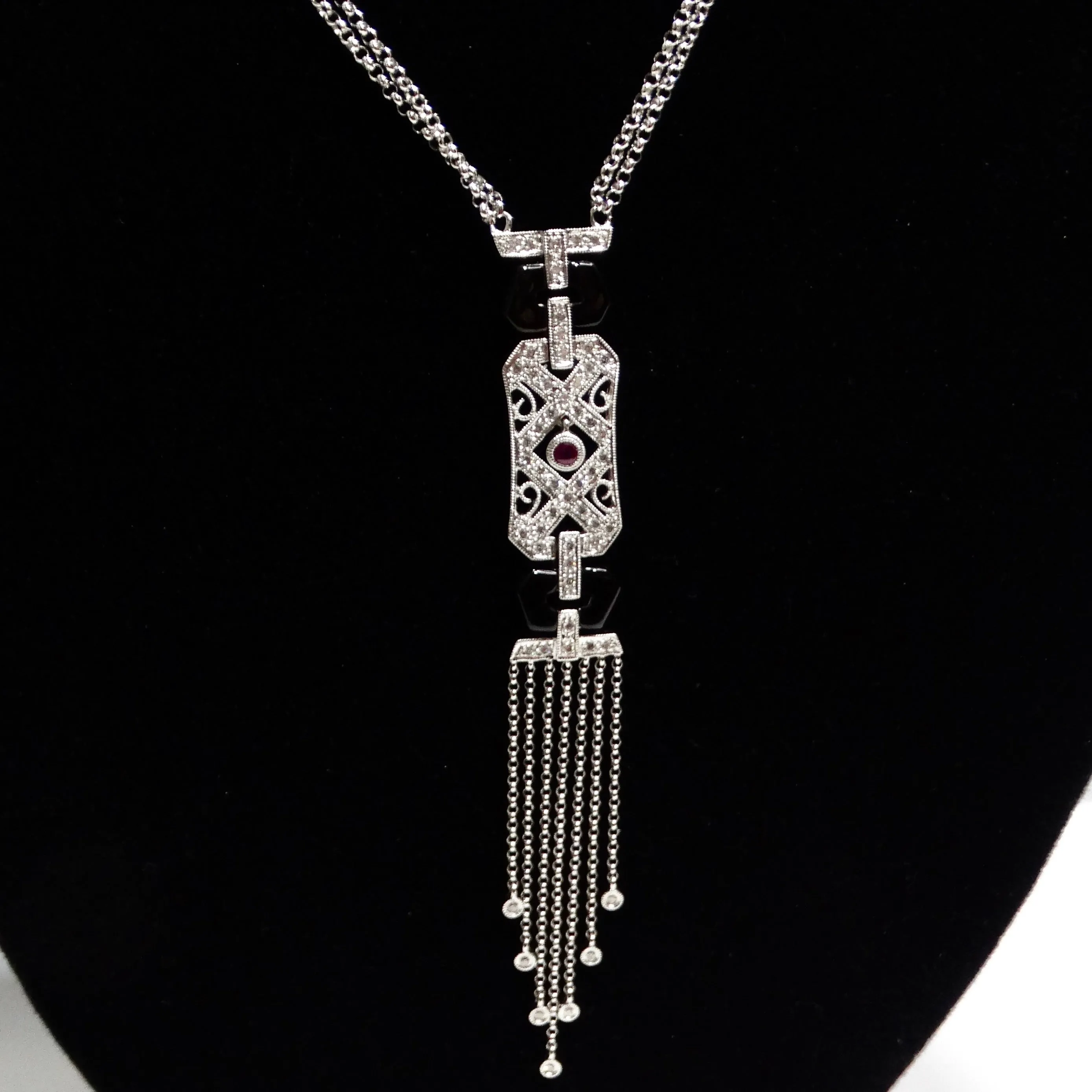 14K White Gold Diamond, Ruby, and Onyx Necklace