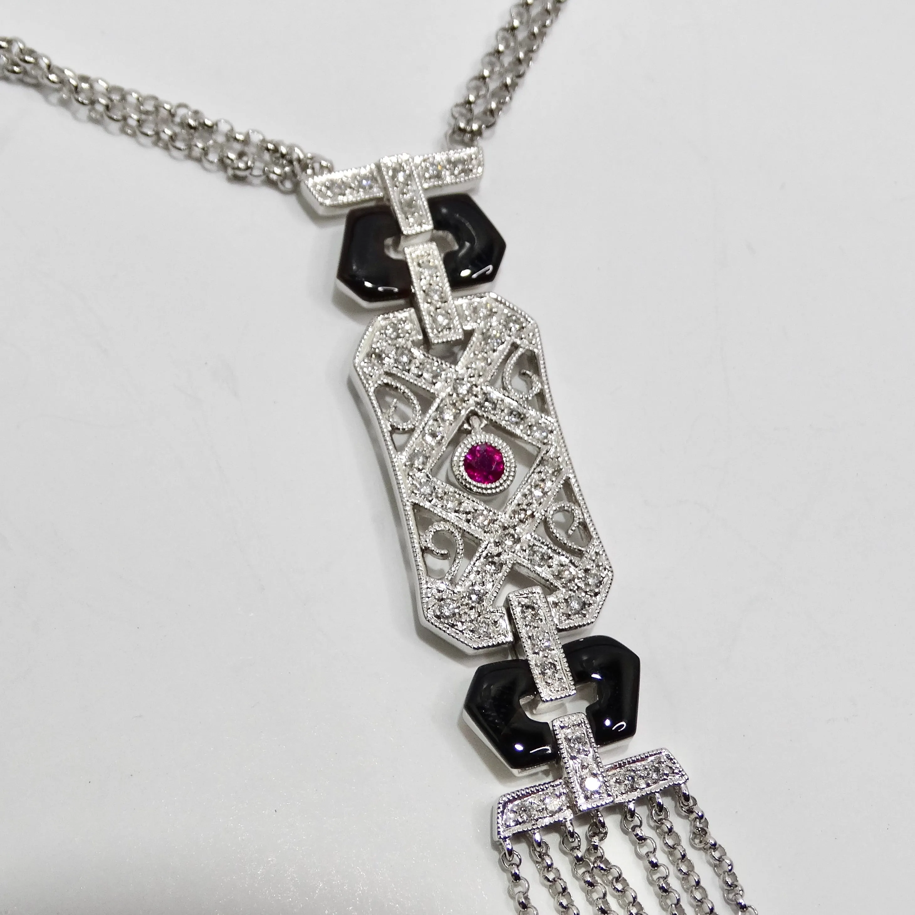 14K White Gold Diamond, Ruby, and Onyx Necklace