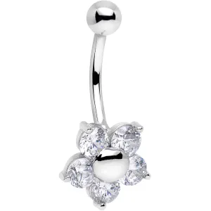 16 Gauge Solid 14kt White Gold Cubic Zirconia Five Petal Flower Belly Ring