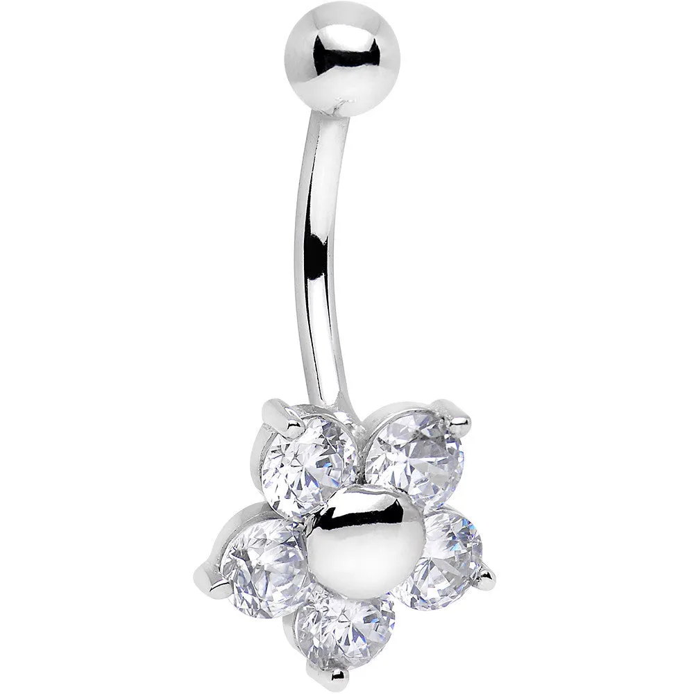 16 Gauge Solid 14kt White Gold Cubic Zirconia Five Petal Flower Belly Ring