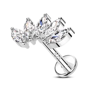 16G 925 Sterling Silver Internally Threaded Five Marquise CZ Labret Stud Cartilage Earring