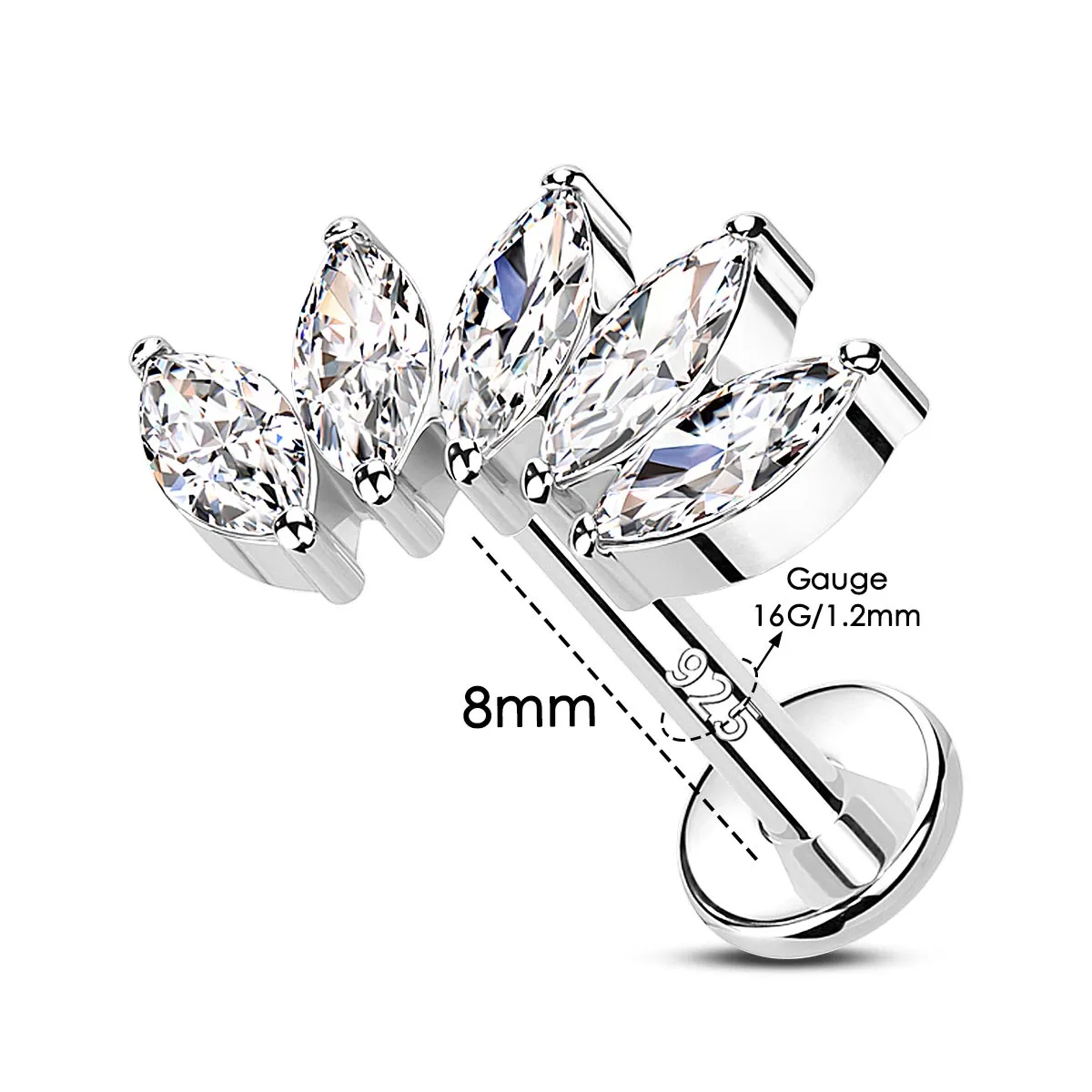 16G 925 Sterling Silver Internally Threaded Five Marquise CZ Labret Stud Cartilage Earring