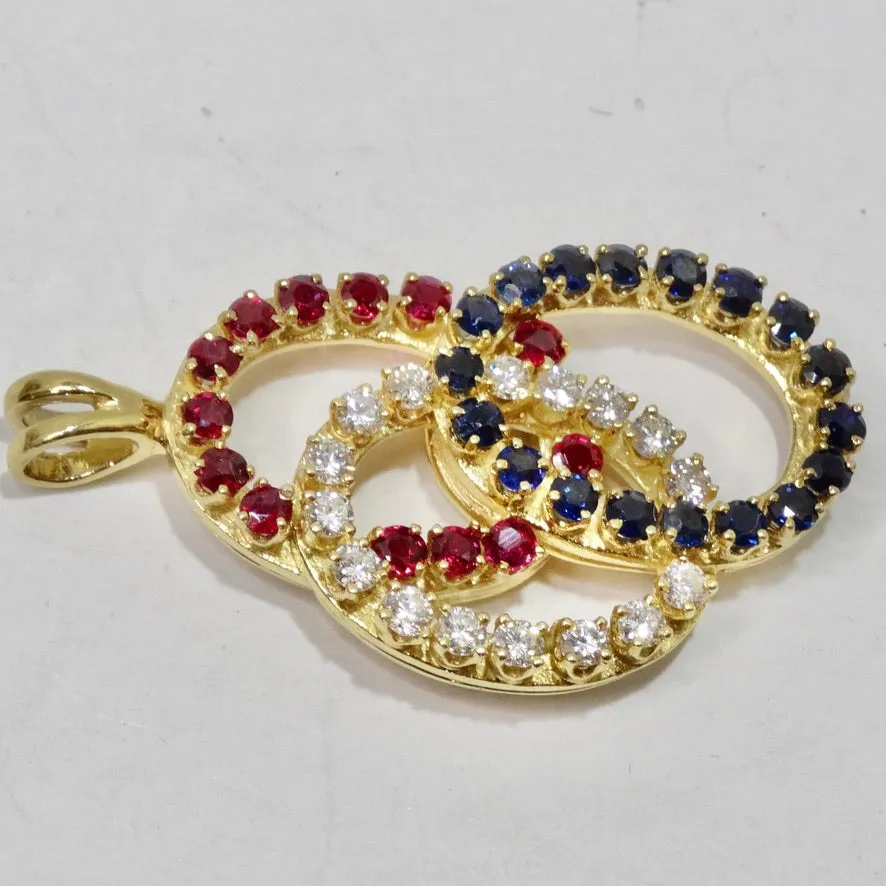 18K Gold Sapphire Ruby and Diamond Pendent