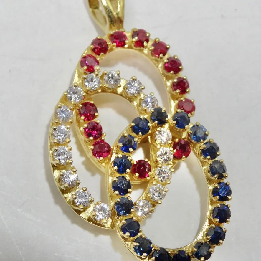 18K Gold Sapphire Ruby and Diamond Pendent