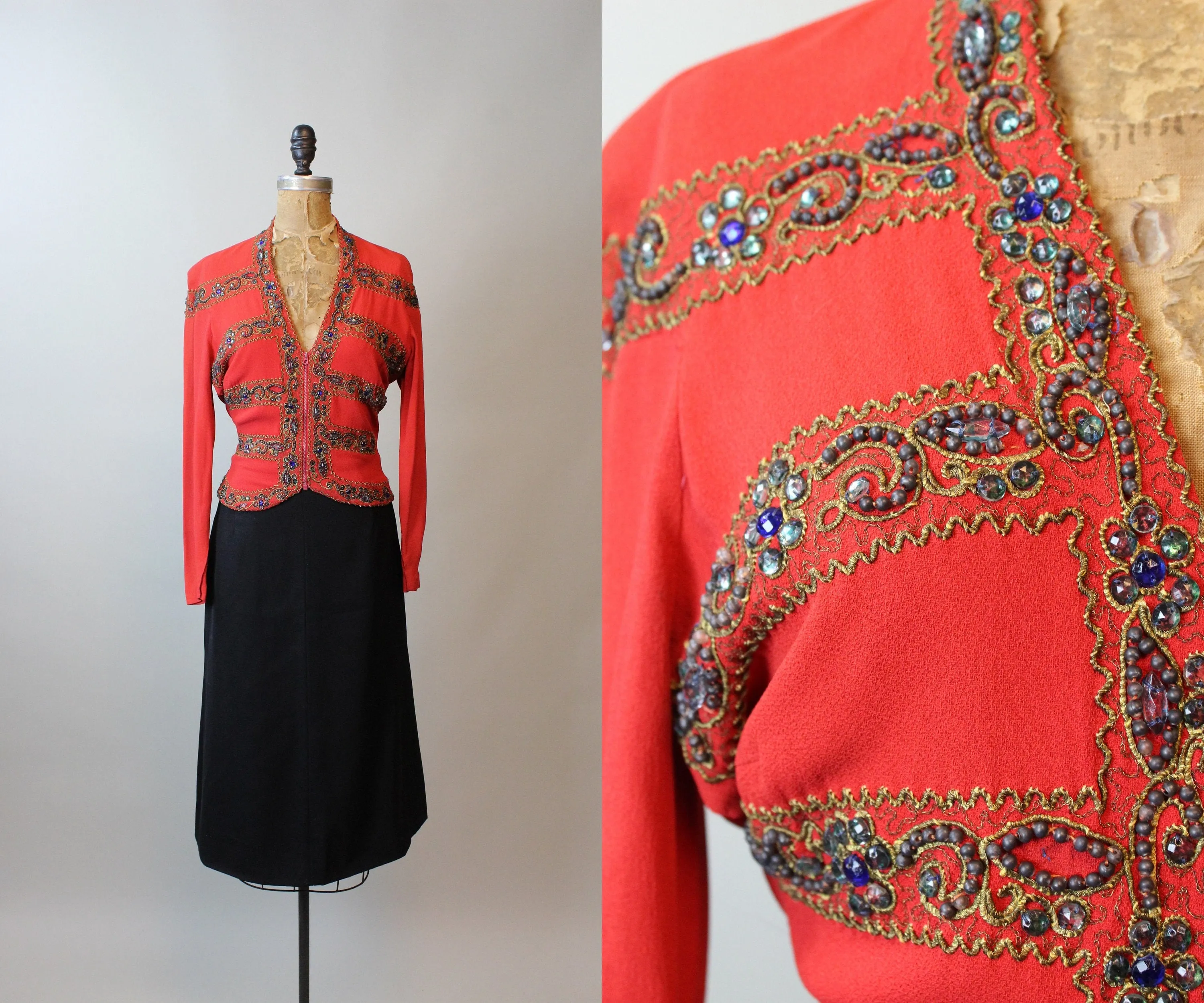 1940s GEM ENCRUSTED rayon jacket top small | new winter