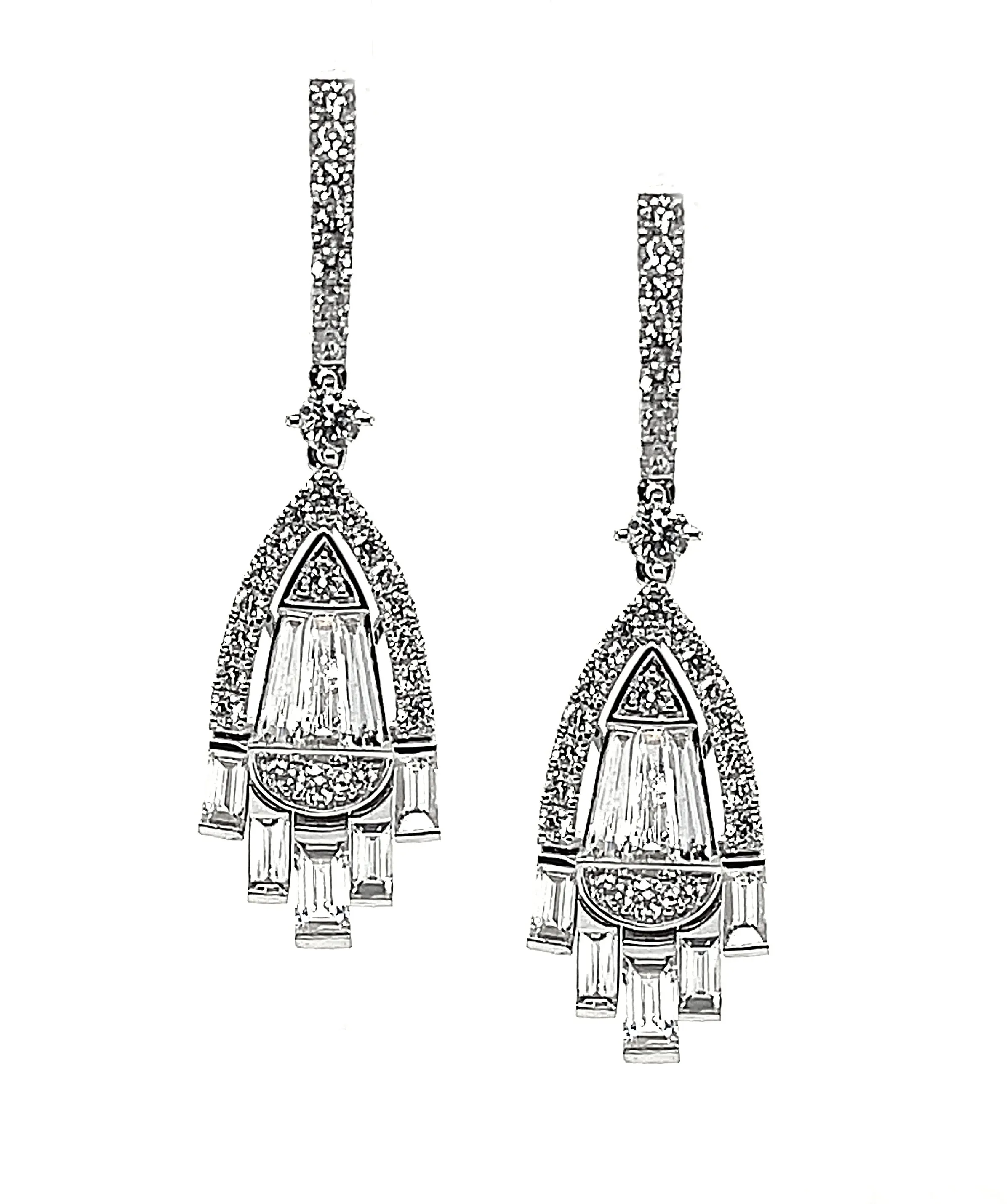 2.56 Carat Total Diamond Baguette and Round White Gold Dangling Drop Earrings
