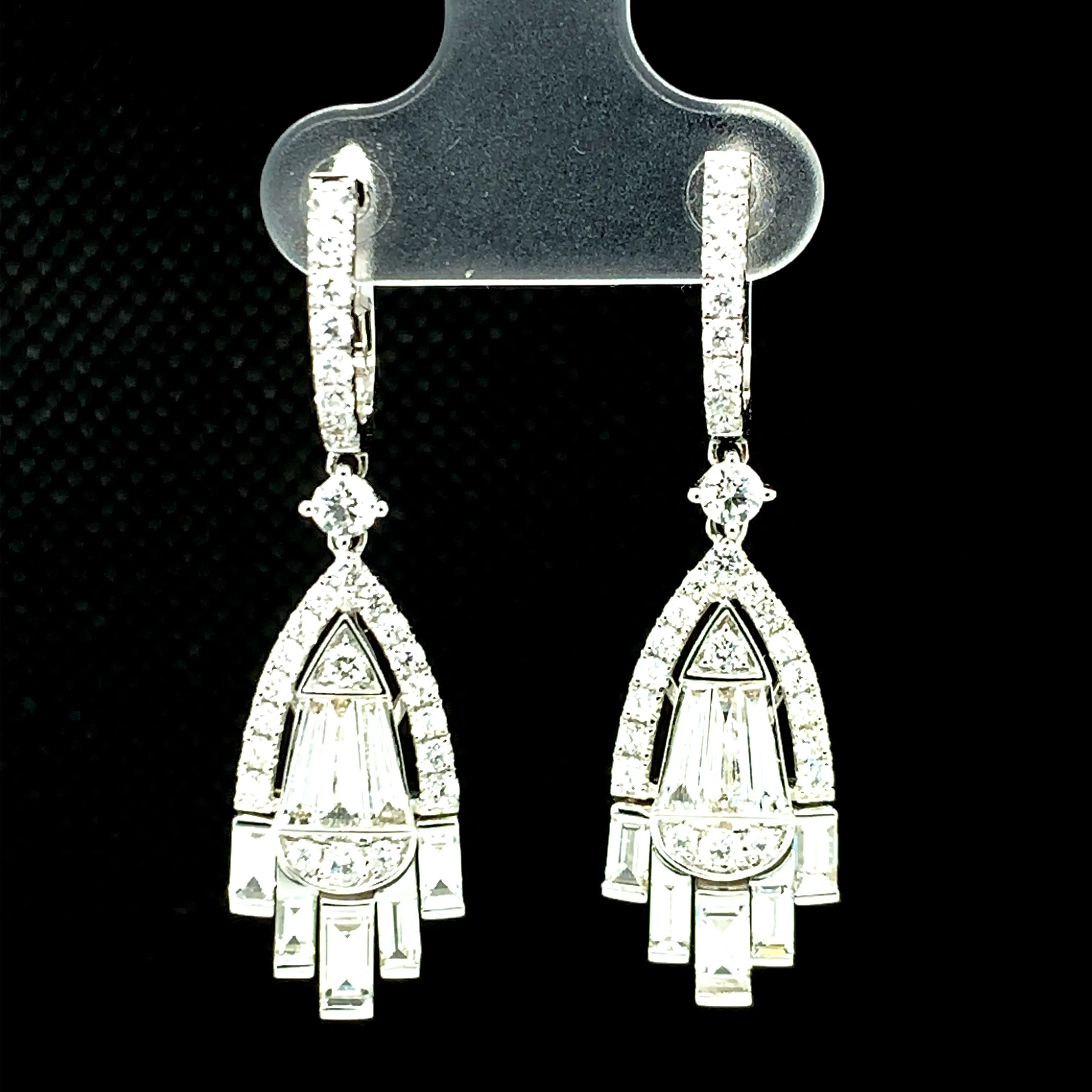 2.56 Carat Total Diamond Baguette and Round White Gold Dangling Drop Earrings