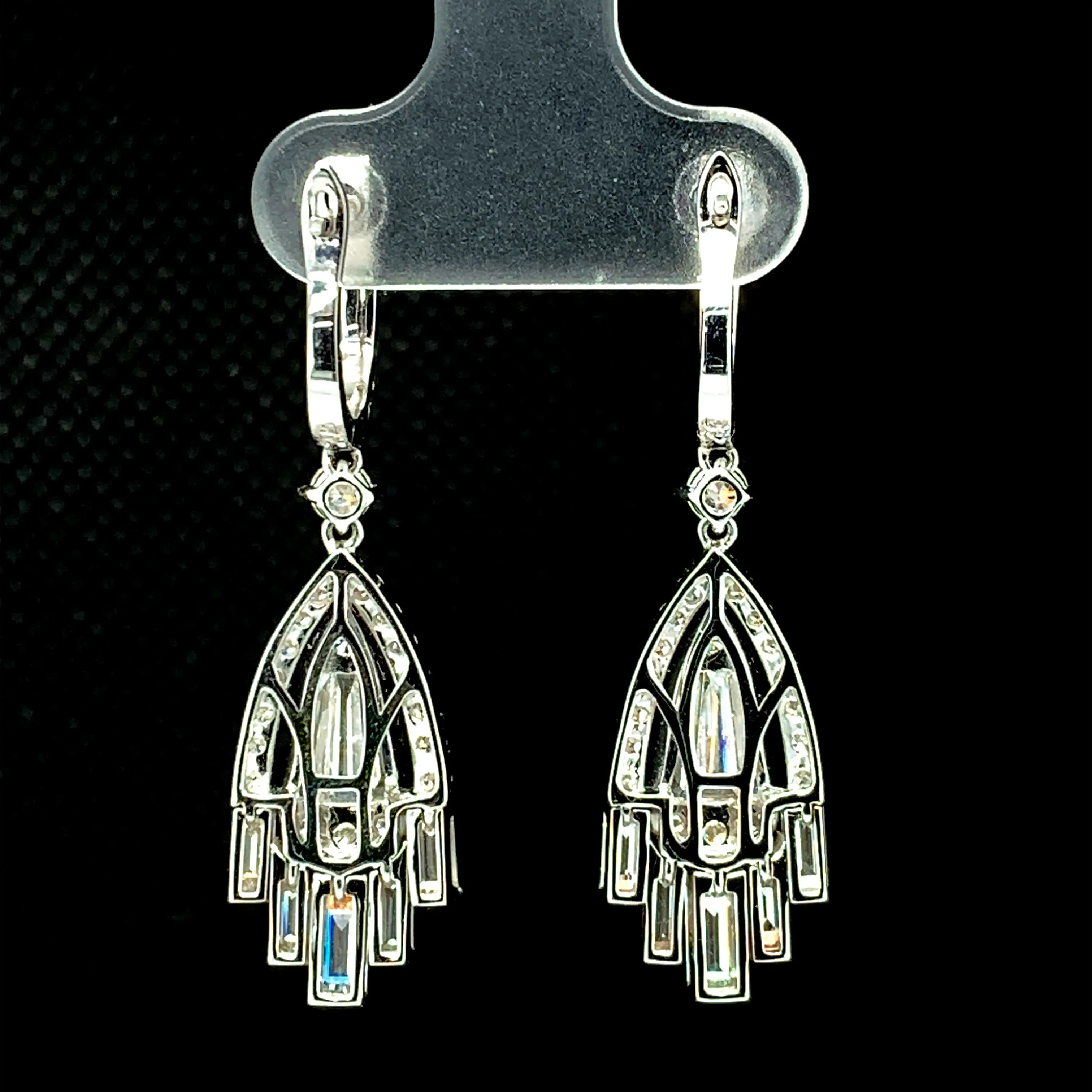 2.56 Carat Total Diamond Baguette and Round White Gold Dangling Drop Earrings