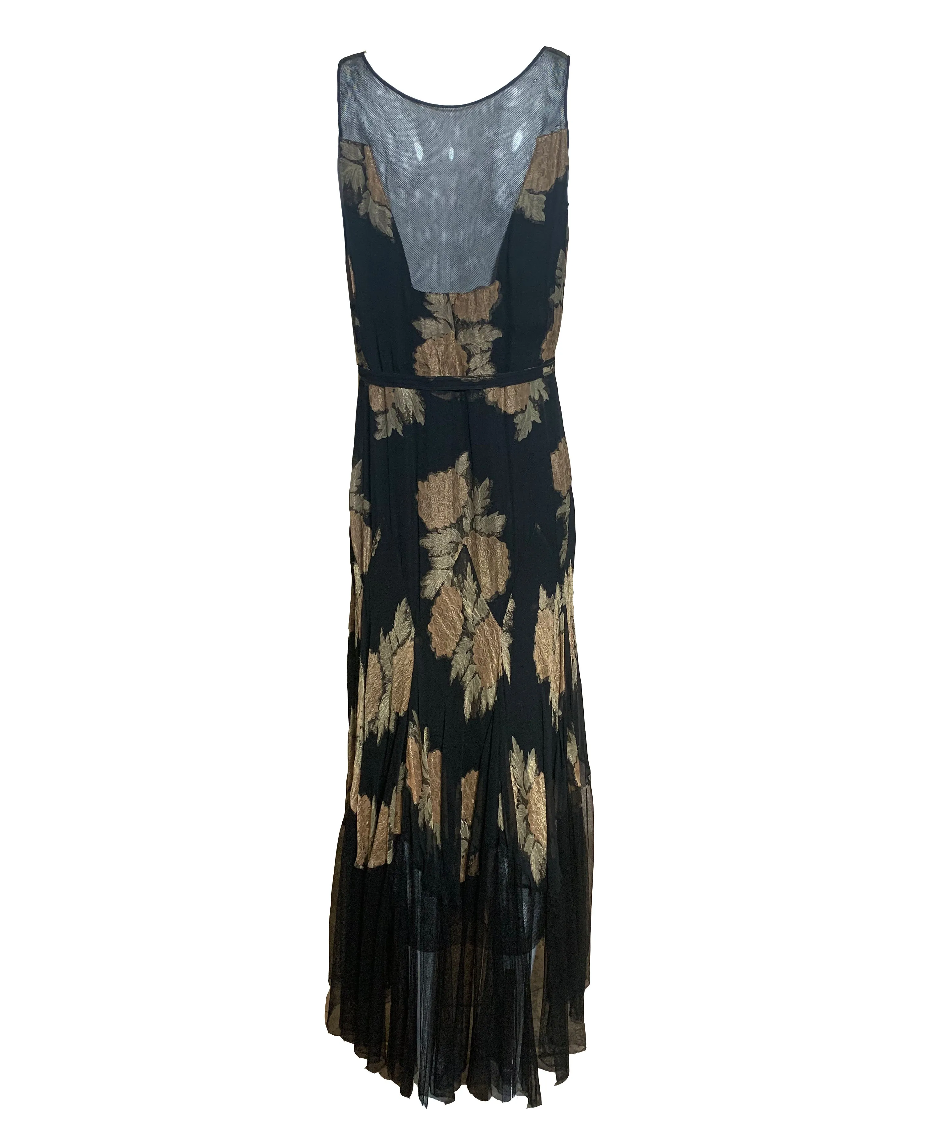 30s Lord and Taylor  Black Gold Lame Floral Gown with Mesh Trim and Belt