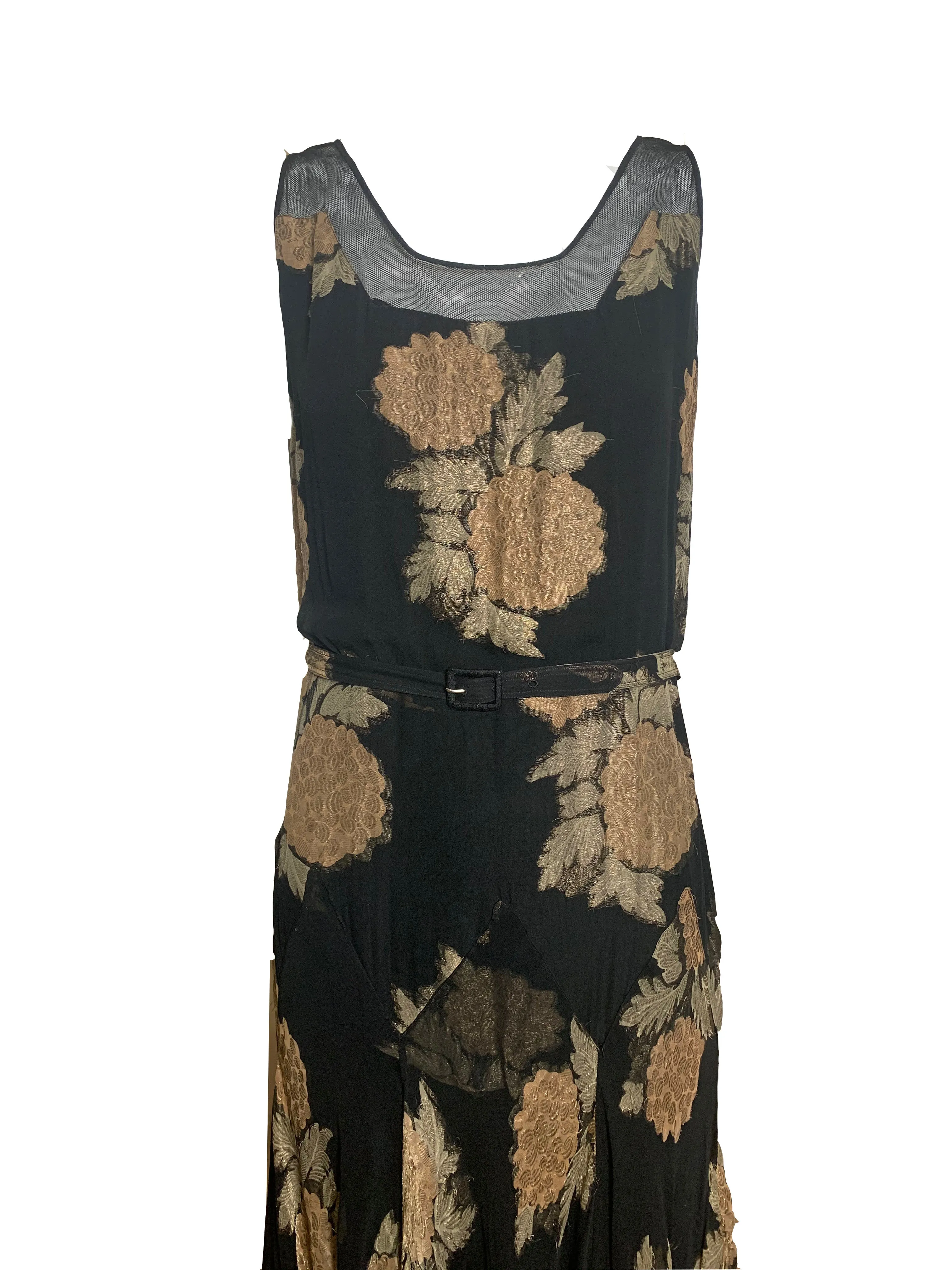 30s Lord and Taylor  Black Gold Lame Floral Gown with Mesh Trim and Belt