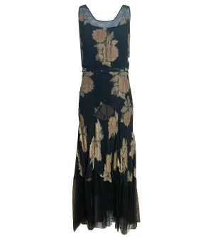 30s Lord and Taylor  Black Gold Lame Floral Gown with Mesh Trim and Belt