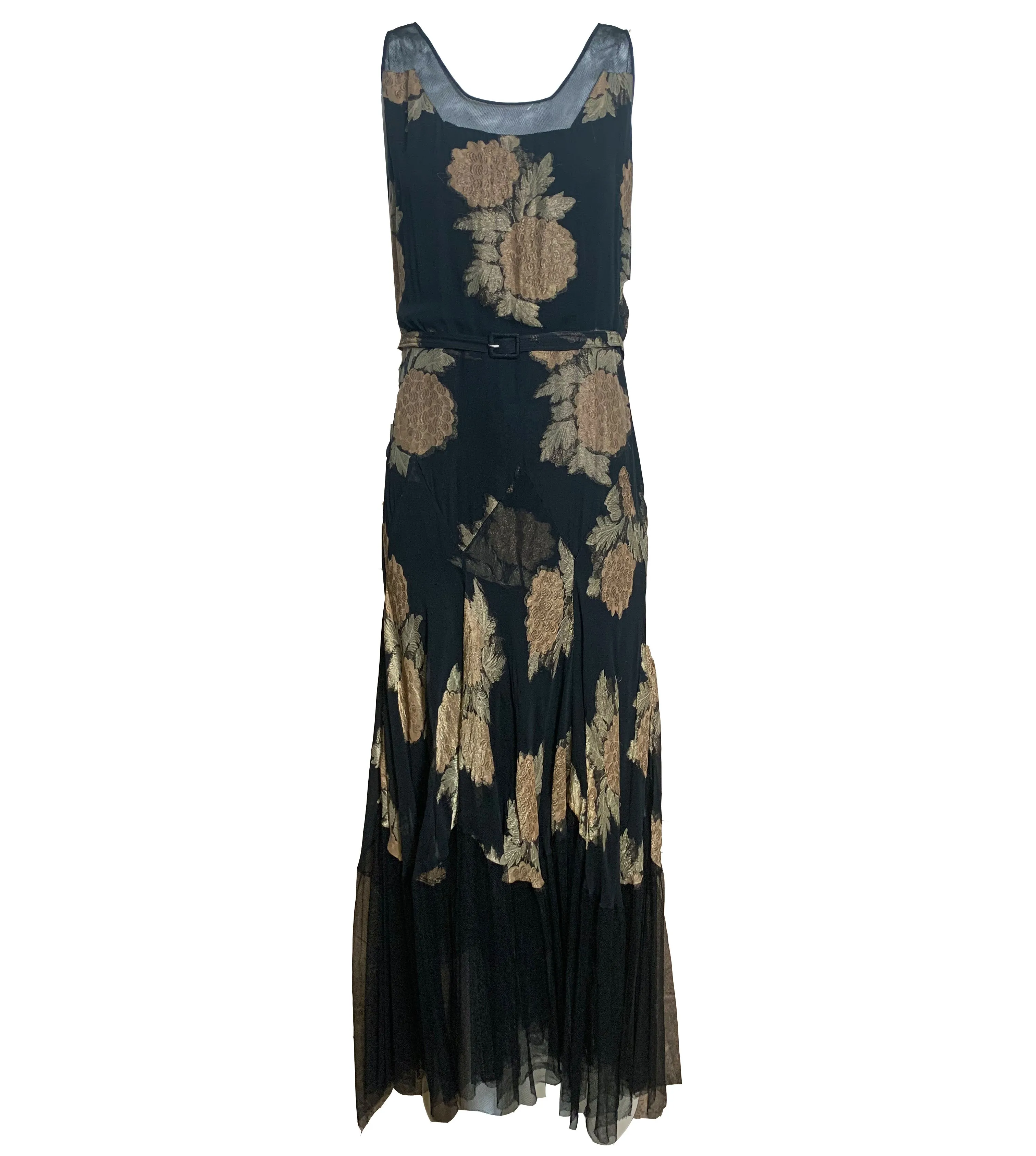 30s Lord and Taylor  Black Gold Lame Floral Gown with Mesh Trim and Belt