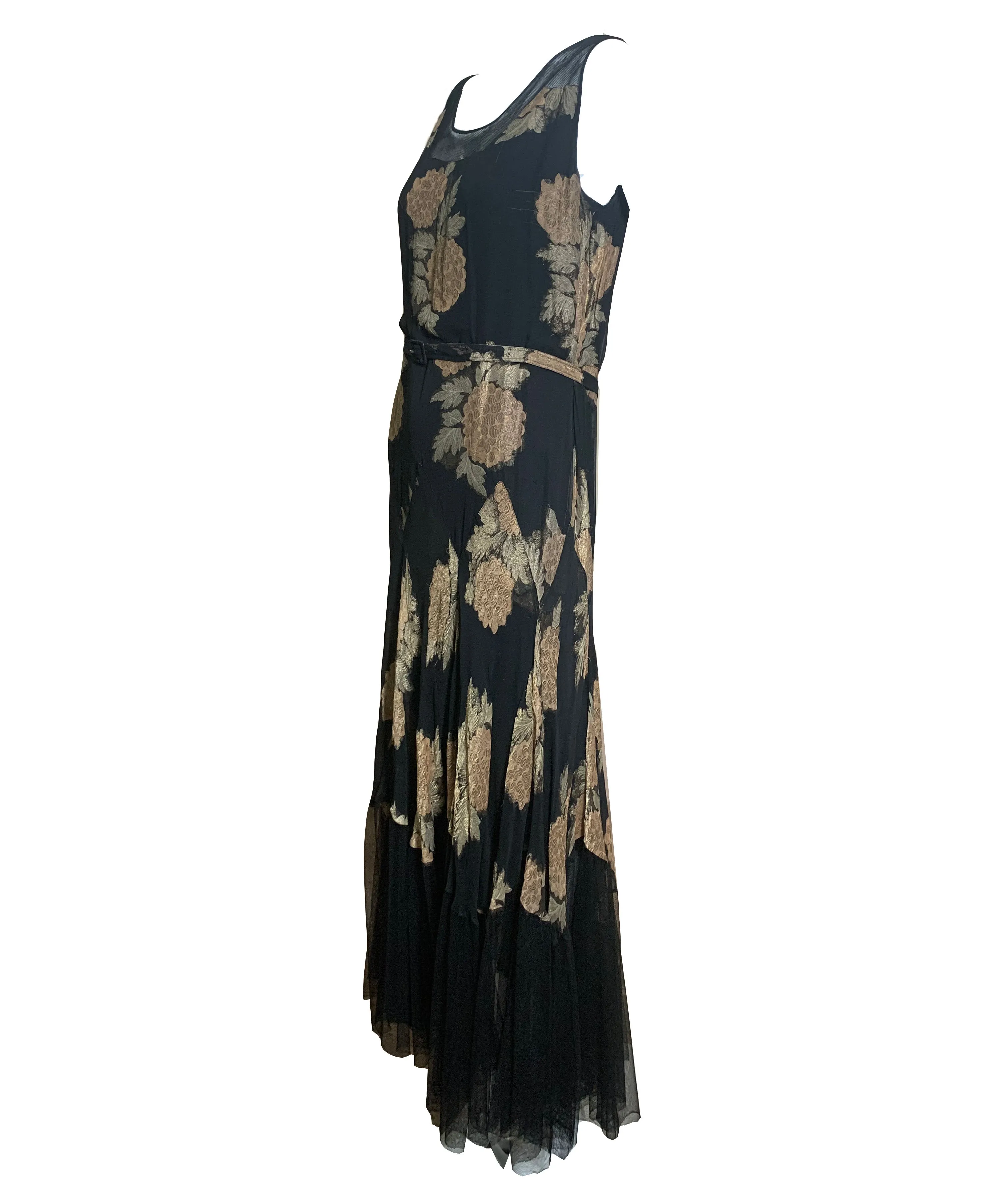 30s Lord and Taylor  Black Gold Lame Floral Gown with Mesh Trim and Belt