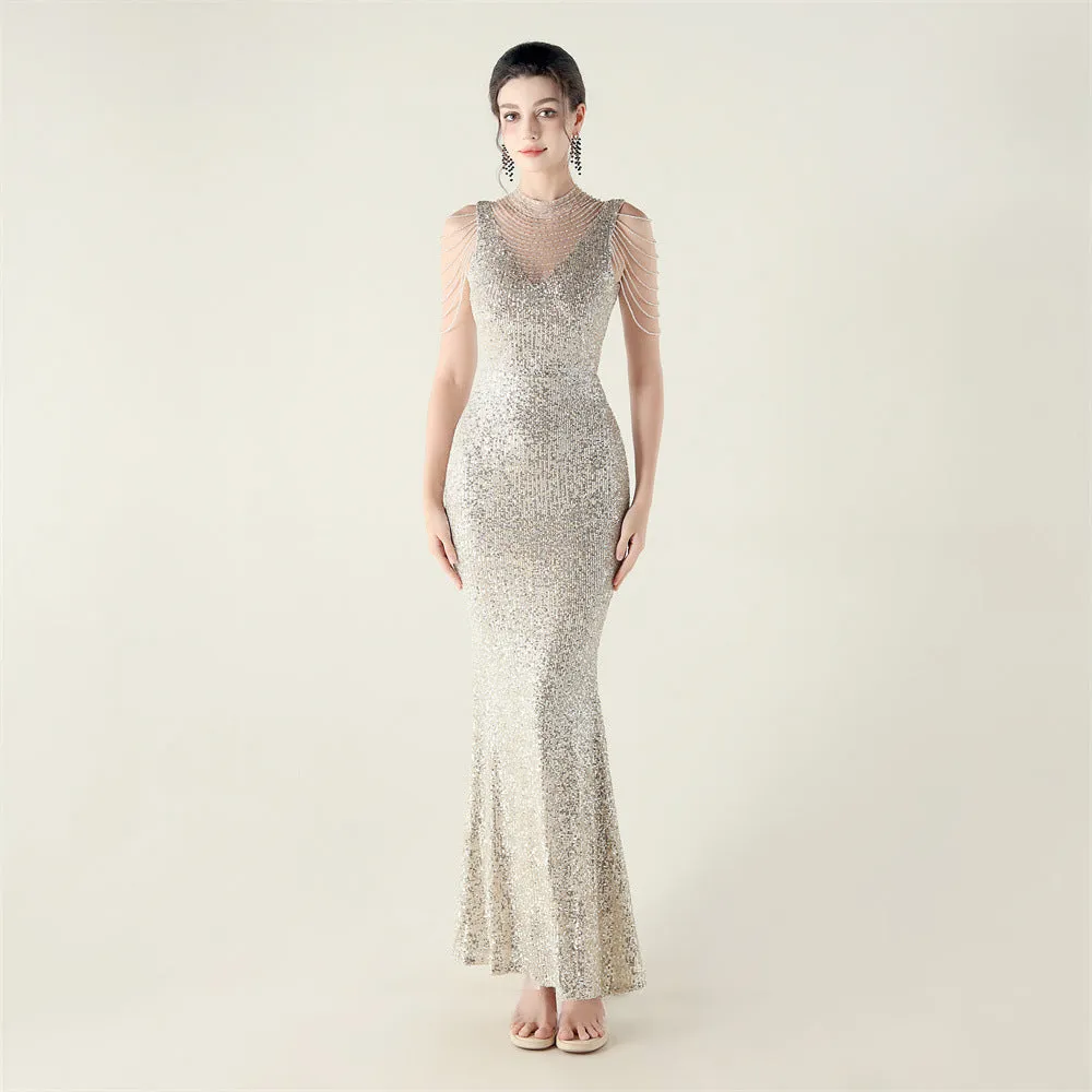 33553 # new turtleneck fishtail evening dress, beaded embroidered sequined crystal diamond decoration, red carpet wedding banquet dress