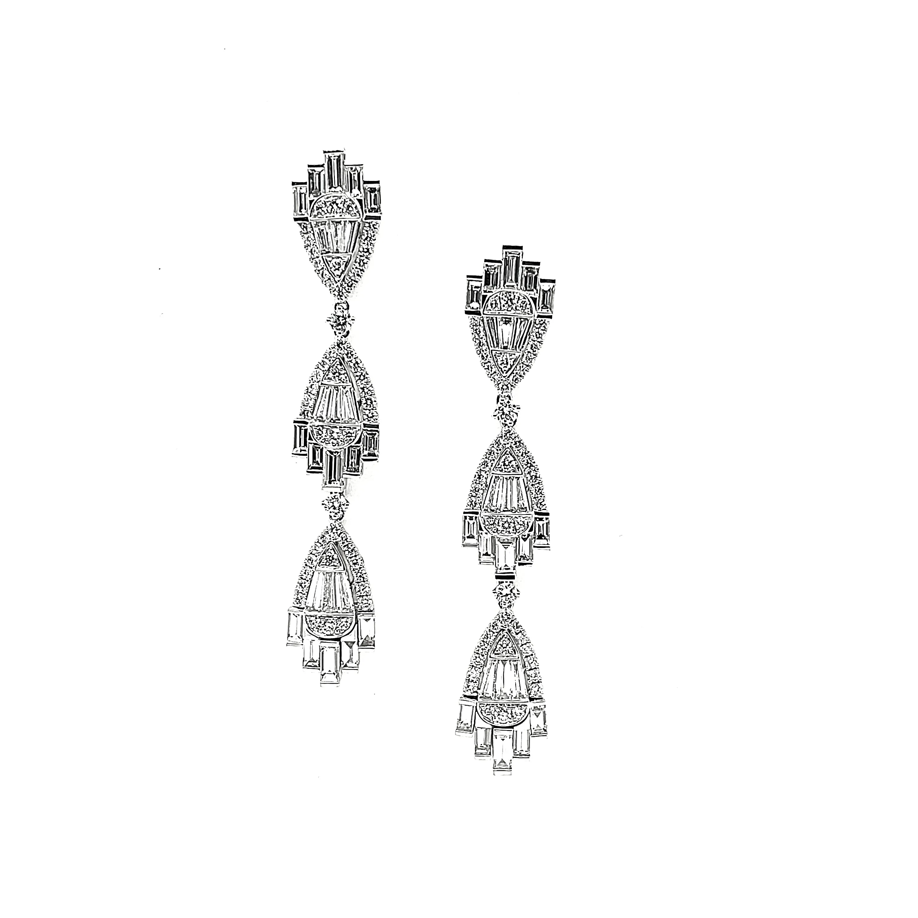 5.58 Carat Total Baguette Diamond Art Deco Inspired Dangle White Gold Earrings