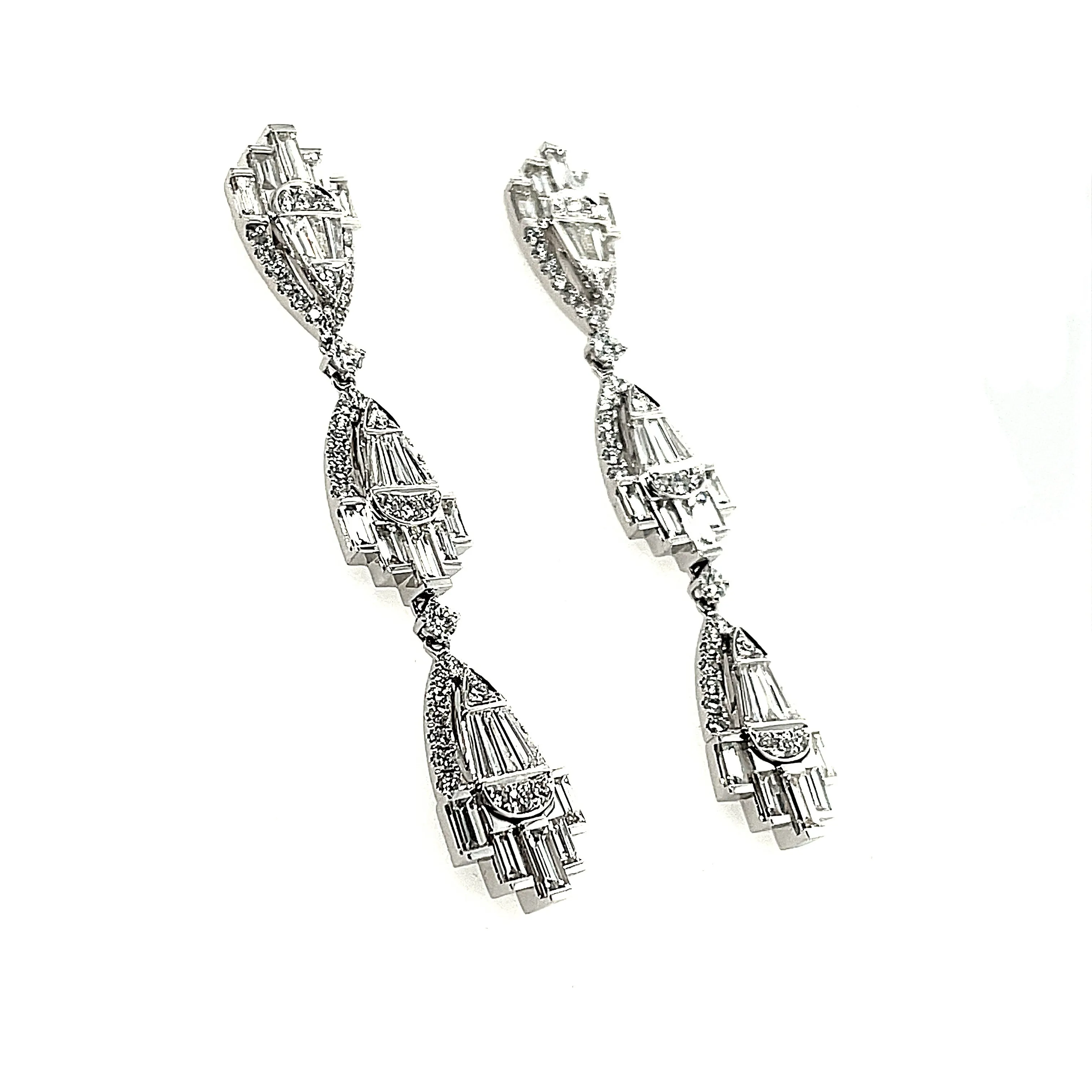 5.58 Carat Total Baguette Diamond Art Deco Inspired Dangle White Gold Earrings