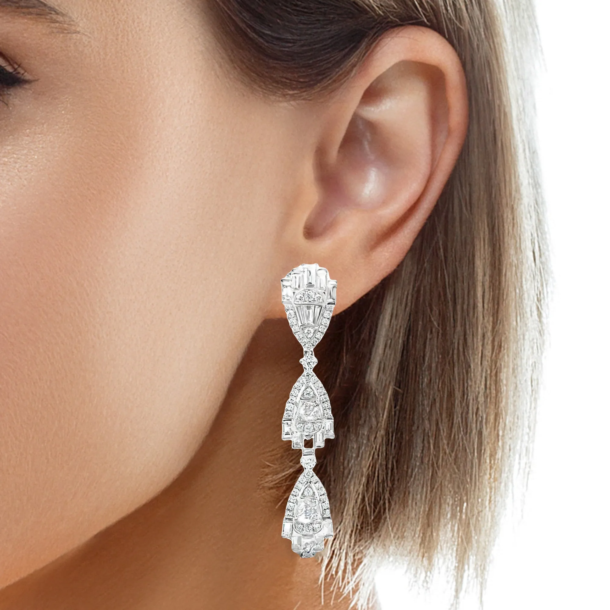 5.58 Carat Total Baguette Diamond Art Deco Inspired Dangle White Gold Earrings