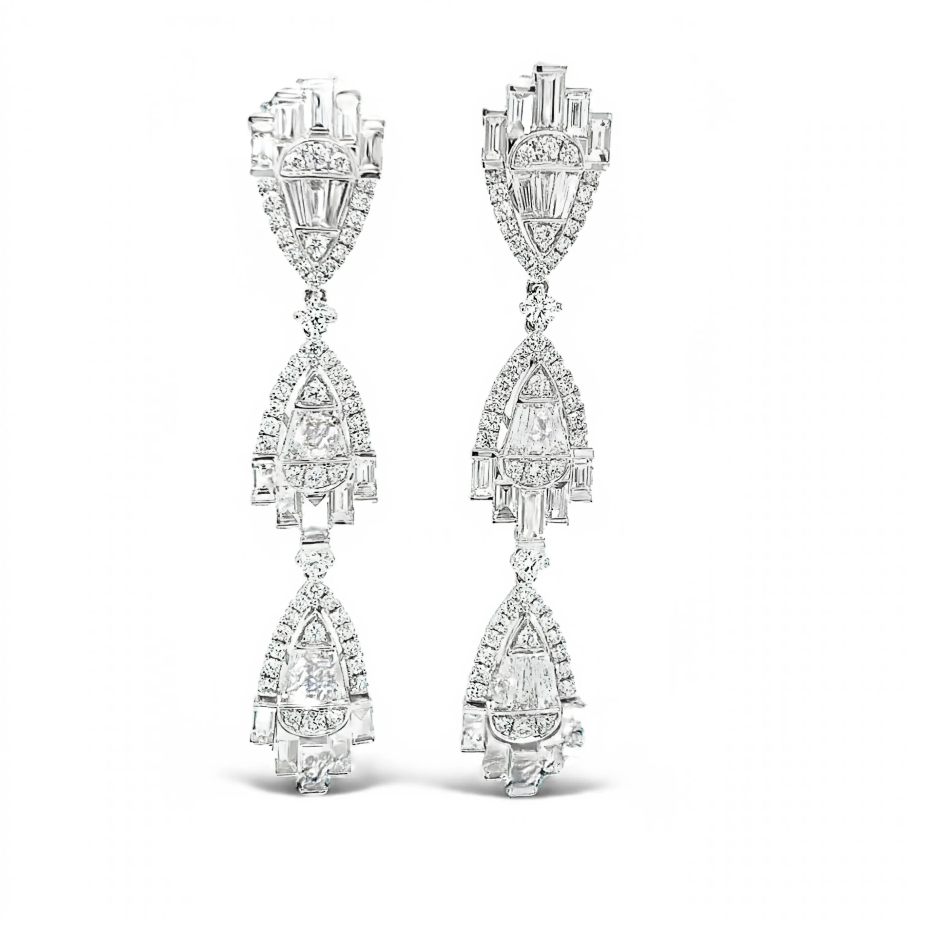 5.58 Carat Total Baguette Diamond Art Deco Inspired Dangle White Gold Earrings
