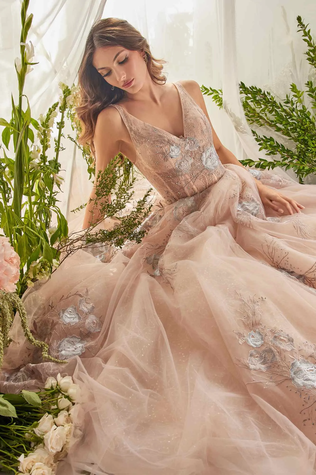 Andrea & Leo A0893 V-Neck Appliqued Lace Bodice Long Tulle Dress