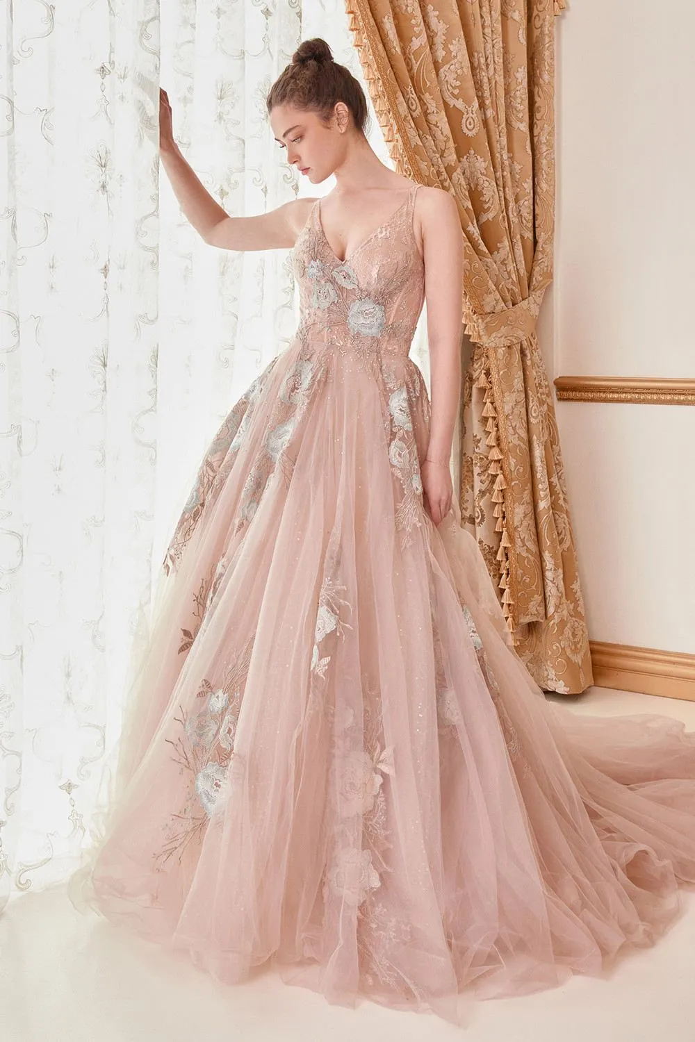 Andrea & Leo A0893 V-Neck Appliqued Lace Bodice Long Tulle Dress