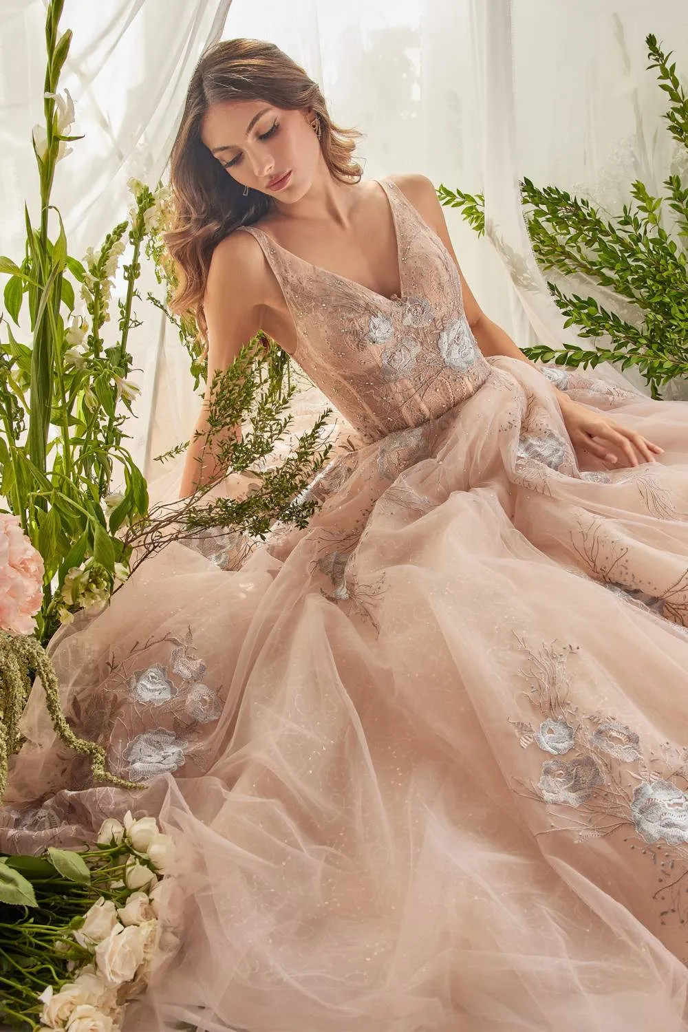 Andrea & Leo A0893 V-Neck Appliqued Lace Bodice Long Tulle Dress