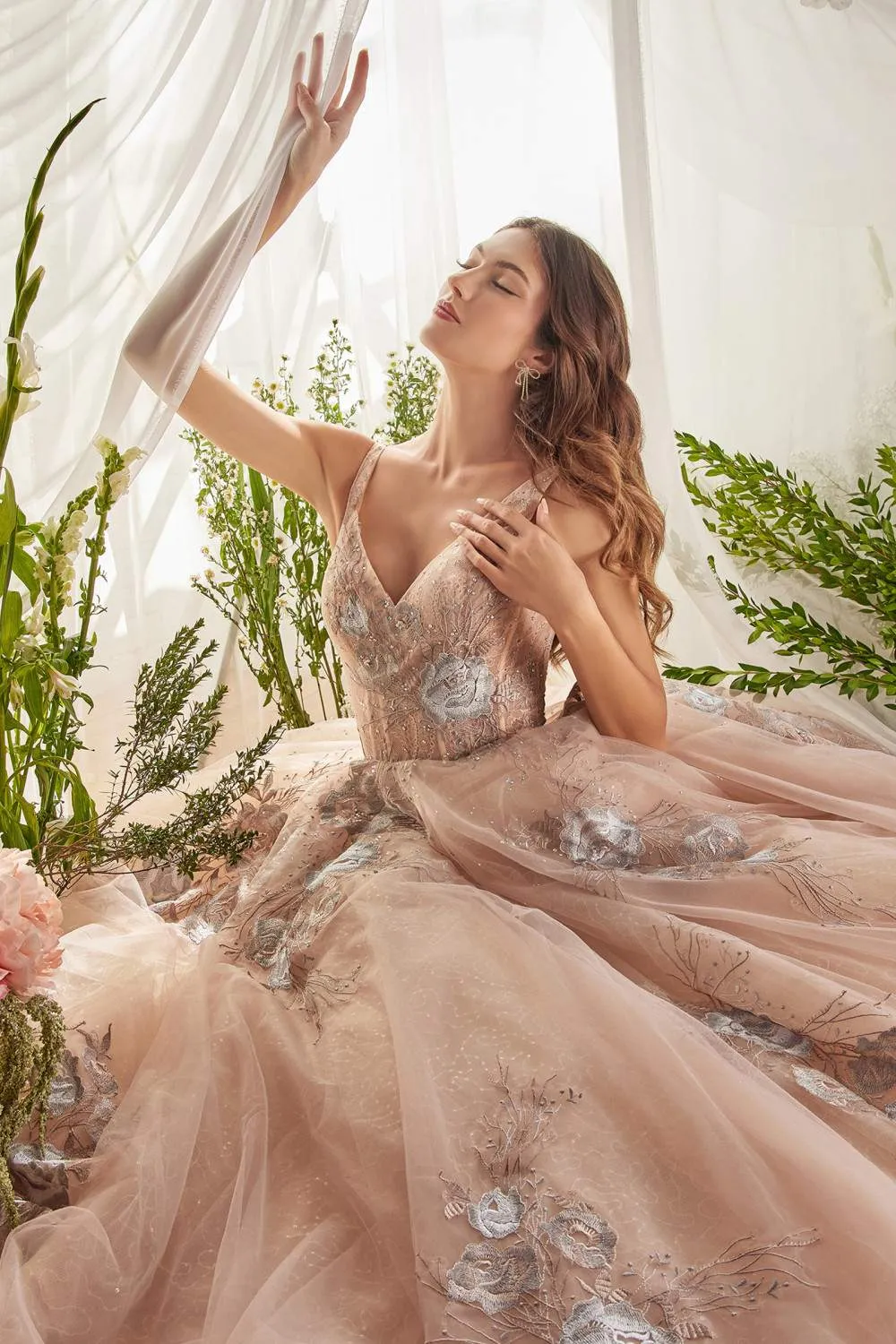 Andrea & Leo A0893 V-Neck Appliqued Lace Bodice Long Tulle Dress