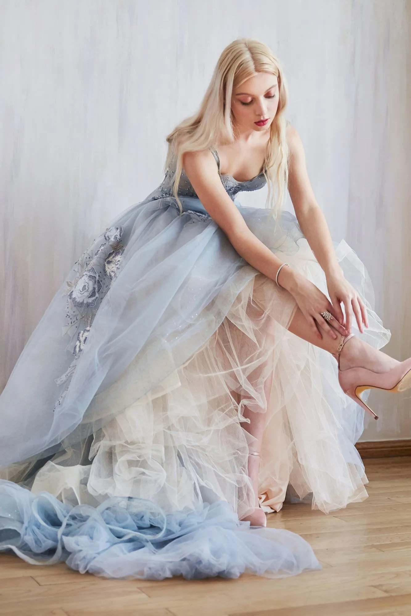 Andrea & Leo A0893 V-Neck Appliqued Lace Bodice Long Tulle Dress