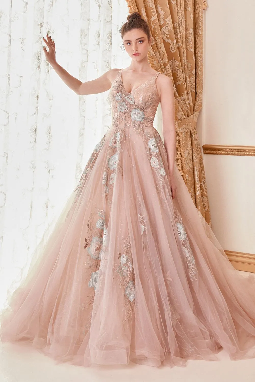 Andrea & Leo A0893 V-Neck Appliqued Lace Bodice Long Tulle Dress