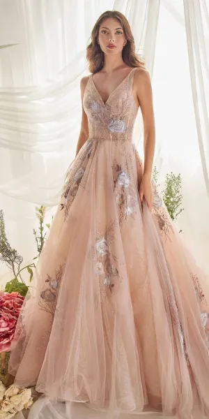 Andrea & Leo A0893 V-Neck Appliqued Lace Bodice Long Tulle Dress