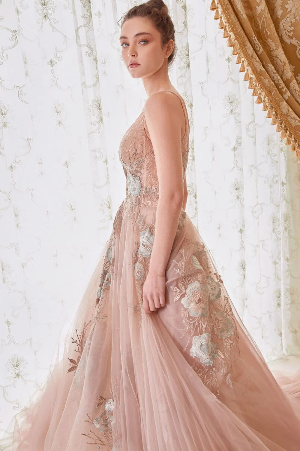 Andrea & Leo A0893 V-Neck Appliqued Lace Bodice Long Tulle Dress
