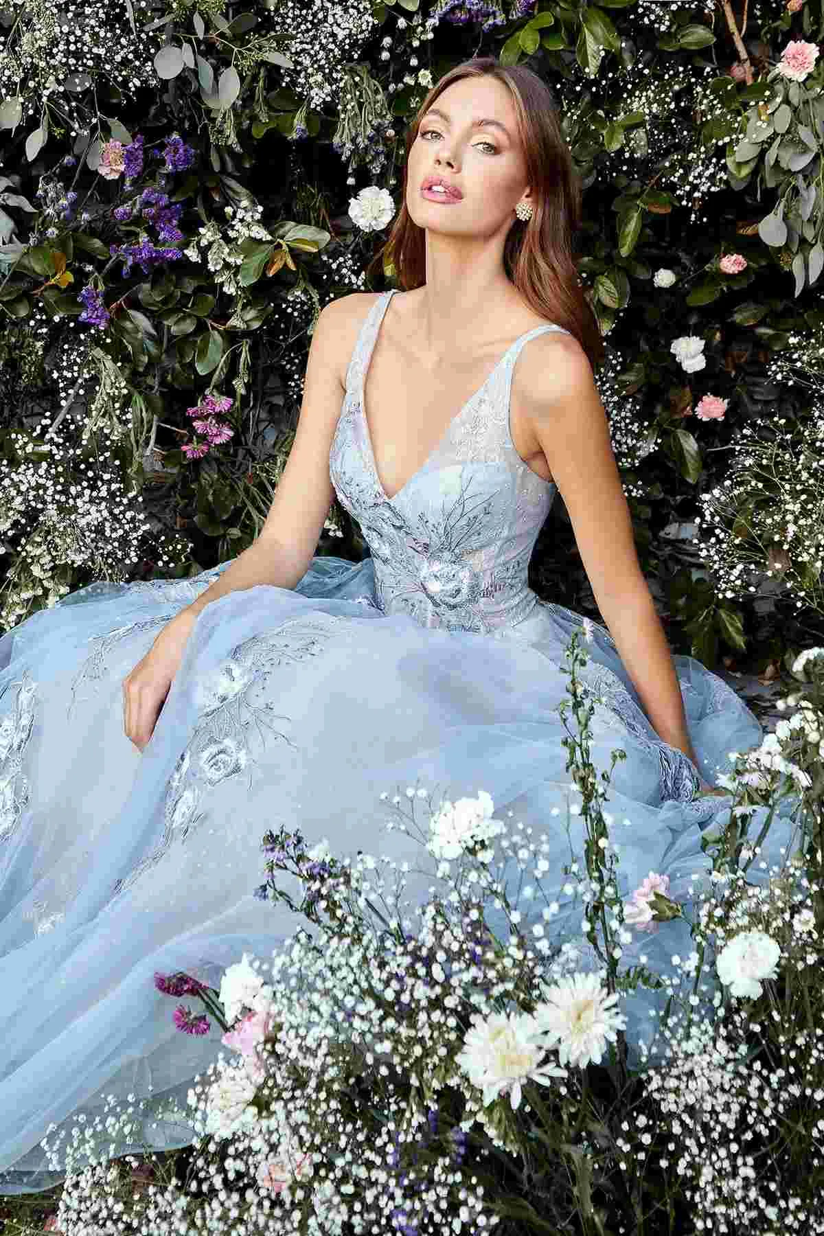 Andrea & Leo A0893 V-Neck Appliqued Lace Bodice Long Tulle Dress