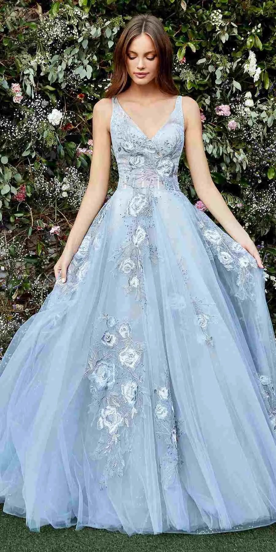 Andrea & Leo A0893 V-Neck Appliqued Lace Bodice Long Tulle Dress