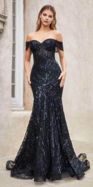 Andrea & Leo A1107 Long Off the Shoulder Lace Fit and Flare Gown