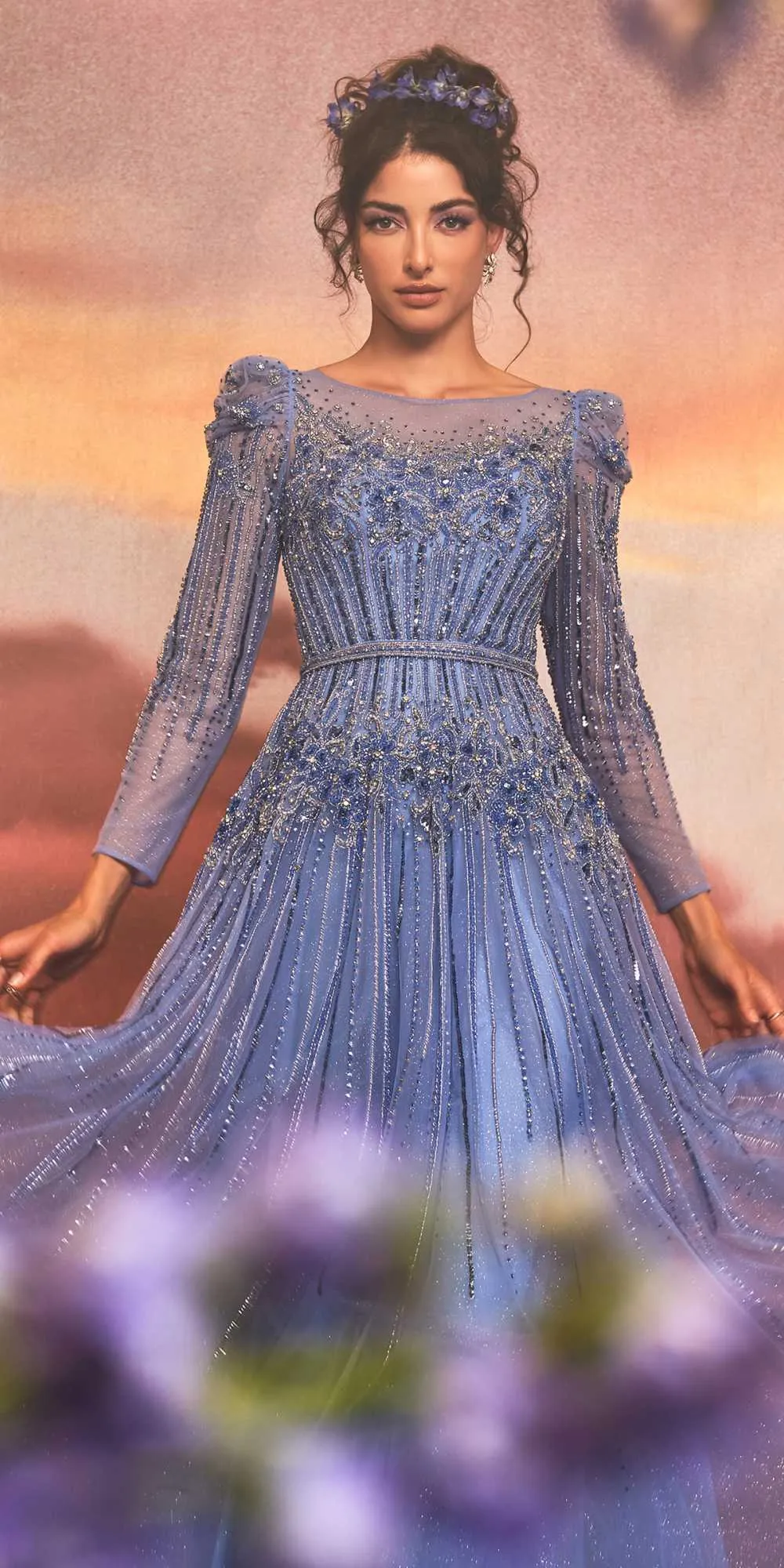 Andrea & Leo A1167 Floor Length Azurite Beaded Long Sleeve A-Line Gown
