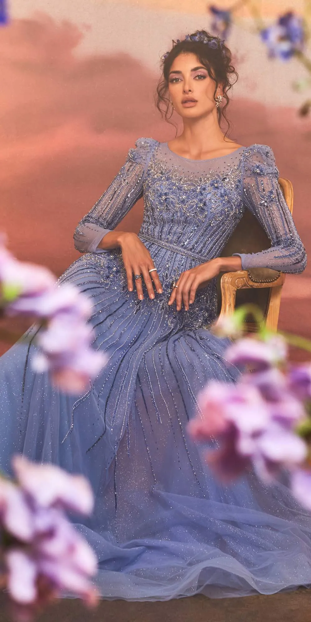 Andrea & Leo A1167 Floor Length Azurite Beaded Long Sleeve A-Line Gown