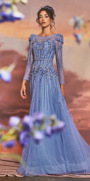 Andrea & Leo A1167 Floor Length Azurite Beaded Long Sleeve A-Line Gown