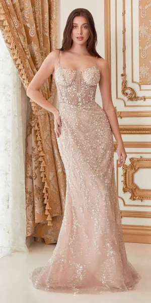 Andrea & Leo A1186 Floor Length Fitted Embellished Nude Gown