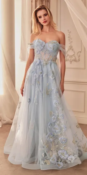 Andrea & Leo A1246 Long Off the Shoulder Floral Applique Tulle Ball Gown