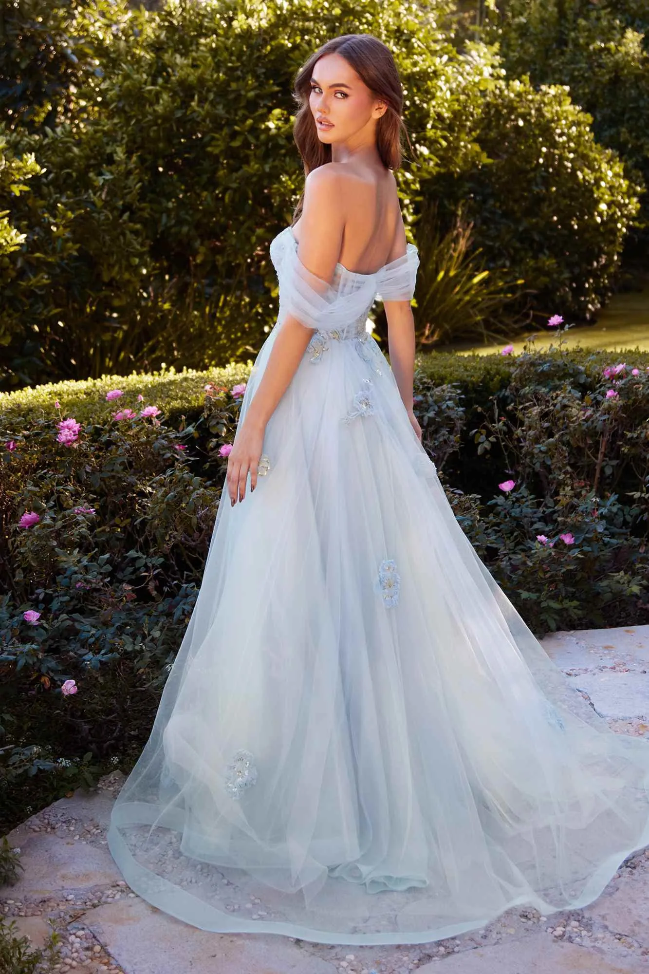 Andrea & Leo A1246 Long Off the Shoulder Floral Applique Tulle Ball Gown
