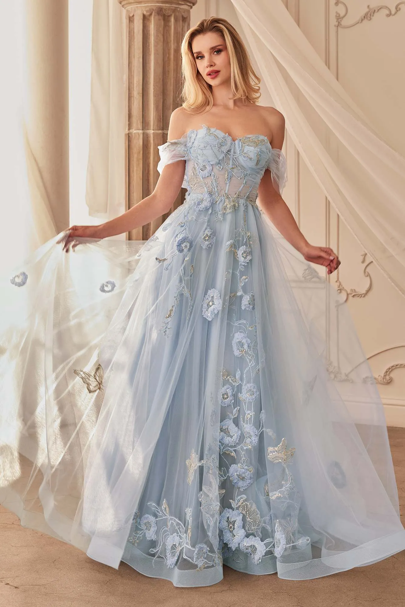 Andrea & Leo A1246 Long Off the Shoulder Floral Applique Tulle Ball Gown