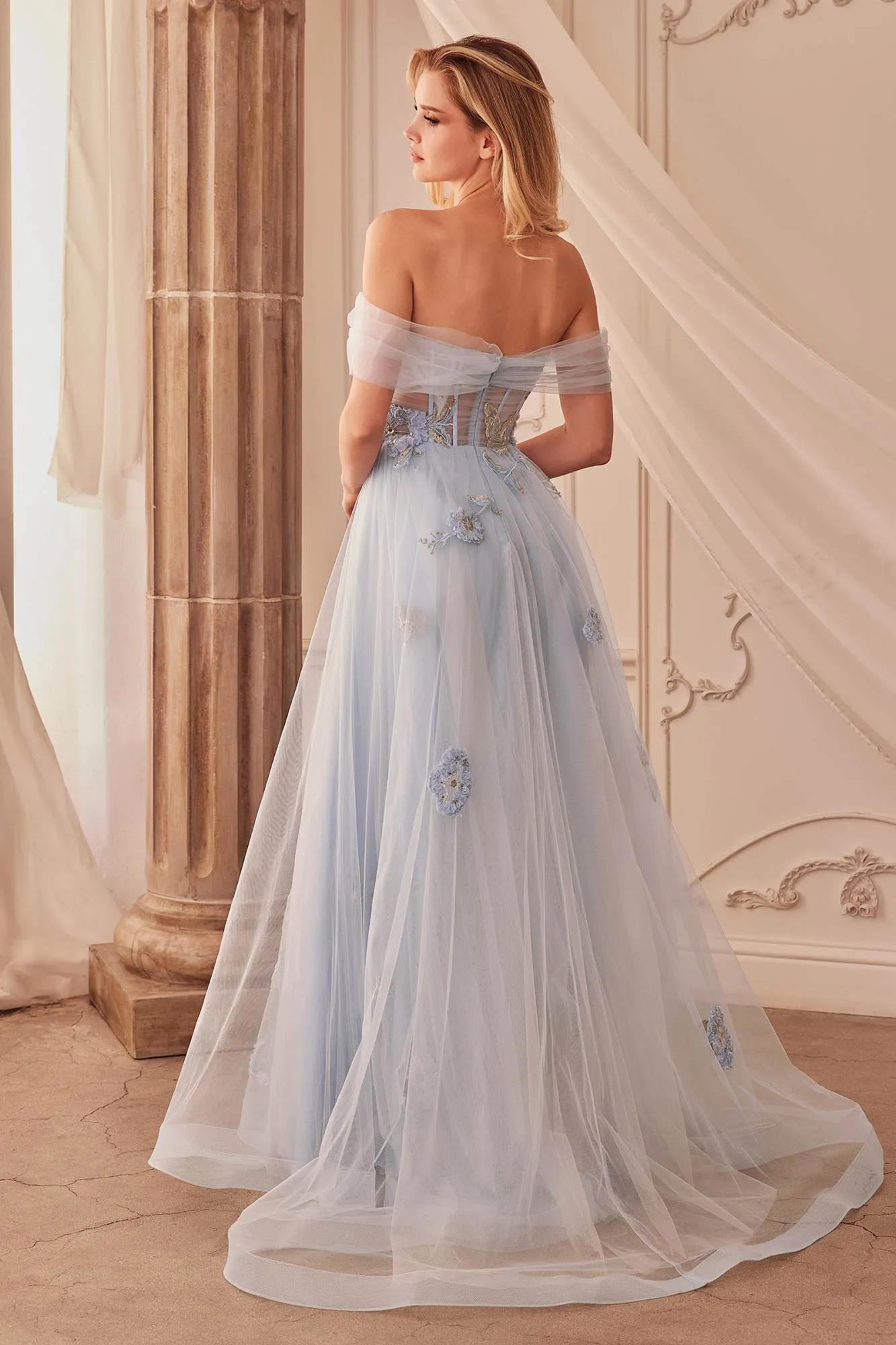 Andrea & Leo A1246 Long Off the Shoulder Floral Applique Tulle Ball Gown