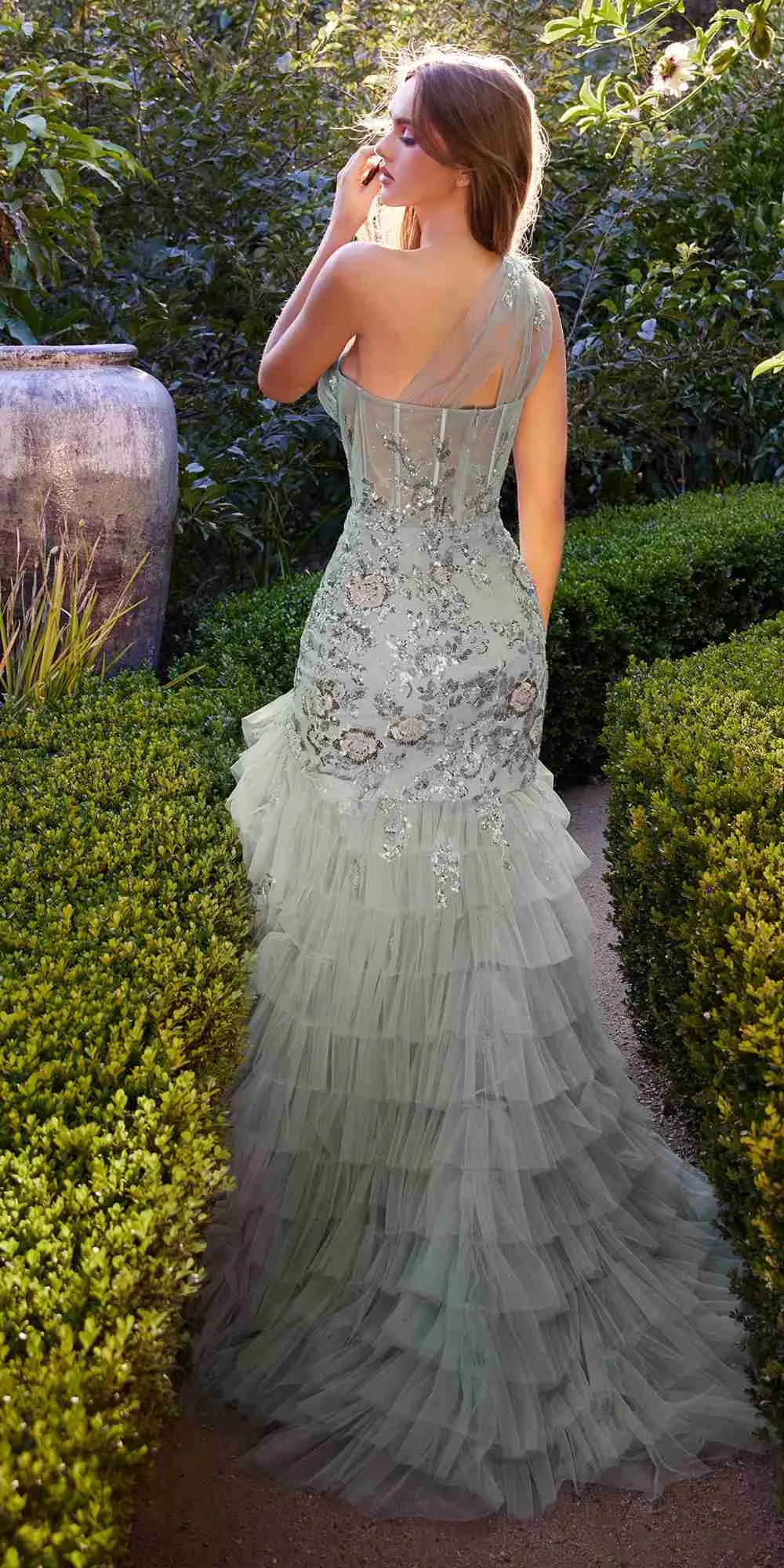 Andrea & Leo A1260 One Shoulder Embellished Layered Tulle Mermaid Gown