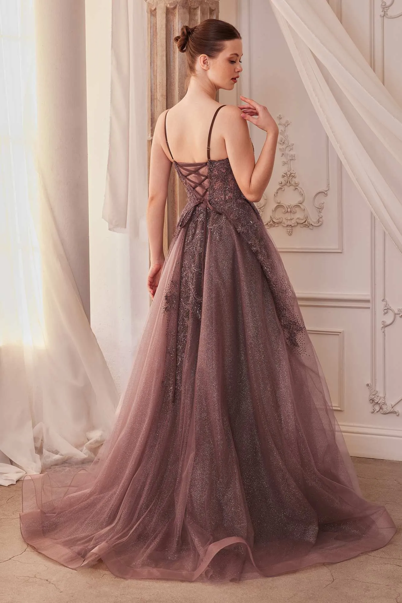 Andrea & Leo A1261 Long Lace Embellished A-Line Layered Tulle Gown